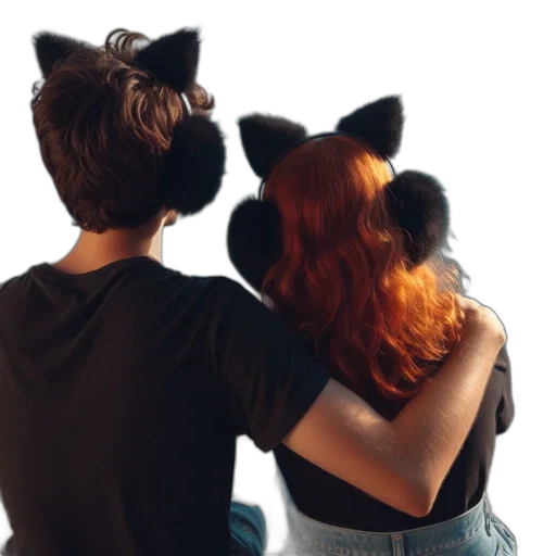 mask, hair, animal, couple, cat, ears, overlooking, mountainscape transparent PNG cut-out