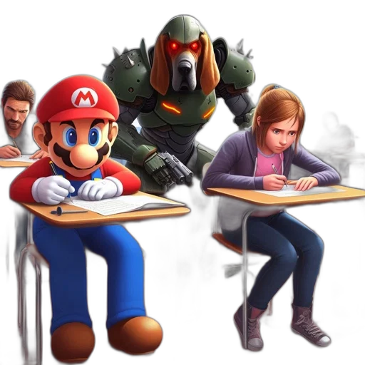 robot, weapon, concept art, 3d render, pixel art, photorealistic, classroom, setting transparent PNG cut-out