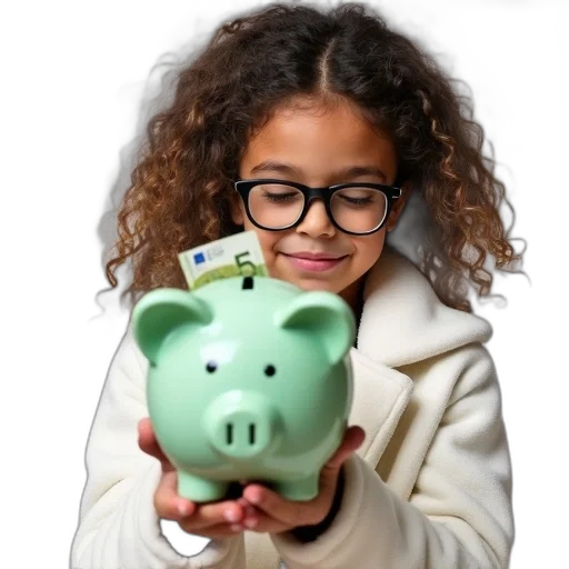 young, girl, curly, hair, holding, piggy, bank, euro transparent PNG cut-out