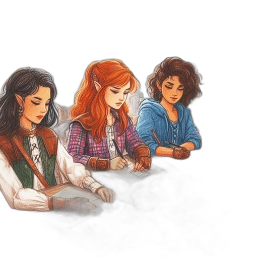 watercolor, concept art, comic book art, pixel art, fire, four, young, women transparent PNG cut-out
