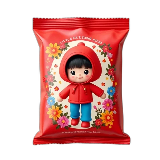 food, photorealistic, 3d render, red, packet, cartoon, character, girl transparent PNG cut-out