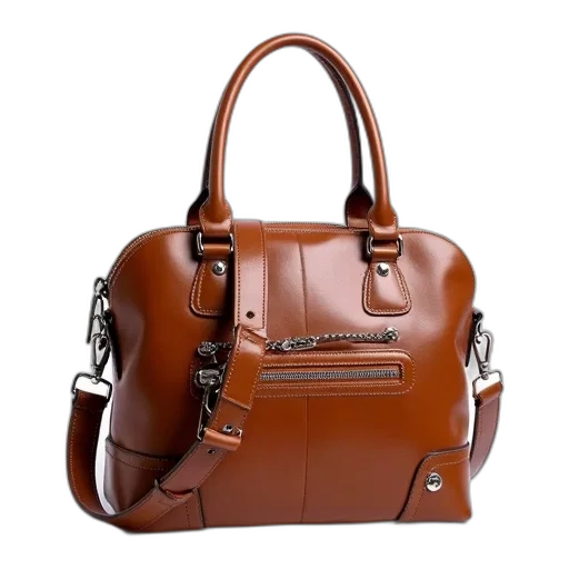 photorealistic, earth tones, brown, leather, handbag, shiny, finish, silver transparent PNG cut-out