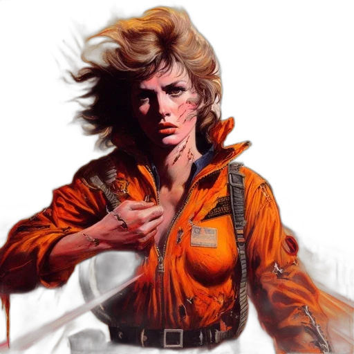 jacket, comic book art, concept art, cyberpunk, photorealistic, fire, orange-clad, woman transparent PNG cut-out