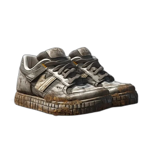 shoes, photorealistic, 3d render, pair, well-worn, gray, sneakers, sit transparent PNG cut-out