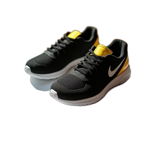 shoes, 3d render, photorealistic, pair, black, yellow, sneakers, white transparent PNG cut-out