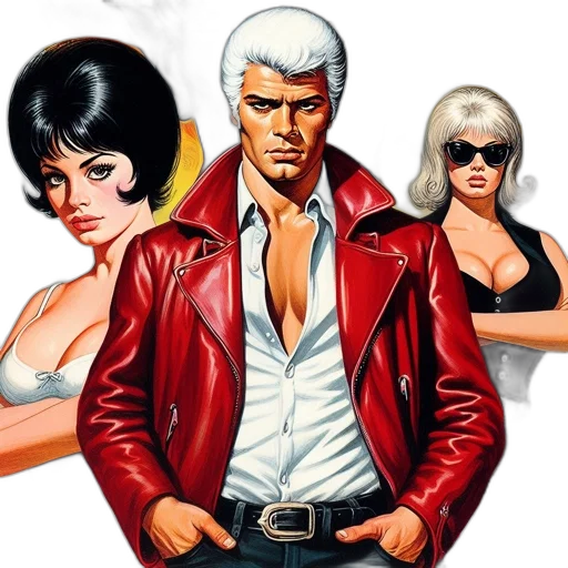 jacket, comic book art, concept art, cartoon, photorealistic, red, three, characters transparent PNG cut-out