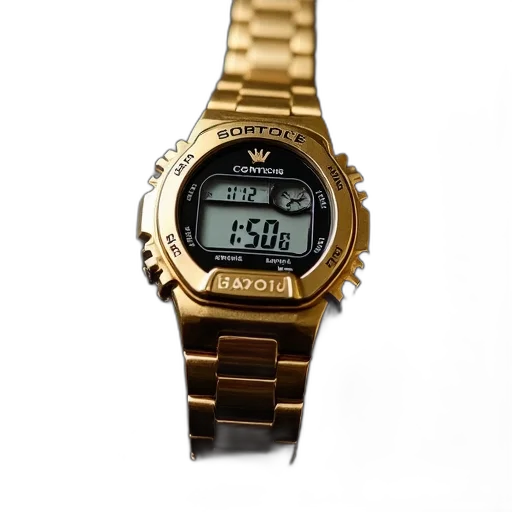 jewelry, golden, gold, wristwatch, black, face, white, digital transparent PNG cut-out