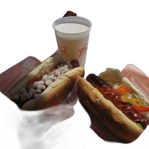 food, 3d render, photorealistic, two, hot, dogs, condiments, cups transparent PNG cut-out