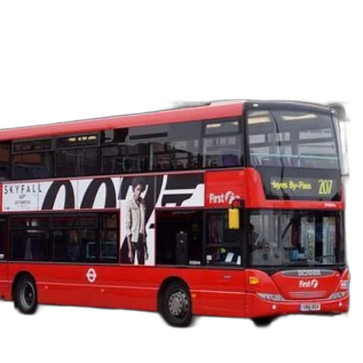 3d render, photorealistic, concept art, red, double-decker, bus, advertisement, skyfall transparent PNG cut-out
