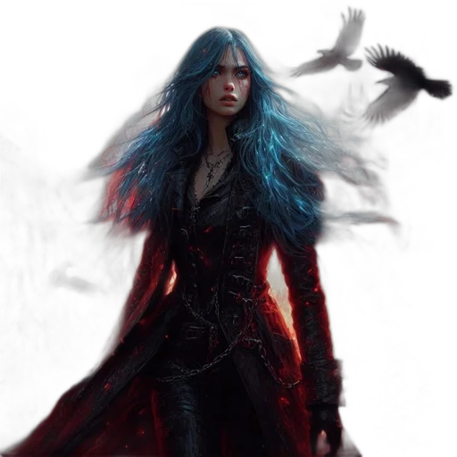 fantasy art, concept art, comic book art, photorealistic, dark, blue, red, woman transparent PNG cut-out