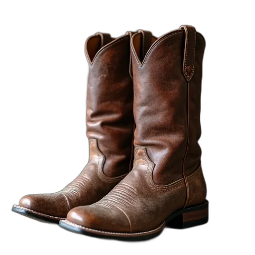 shoes, pair, worn, brown, cowboy, boots, scuffed, creased transparent PNG cut-out