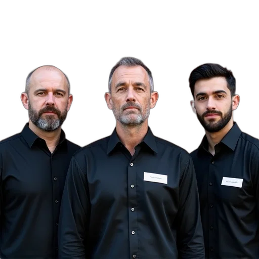 staff, three, men, standing, front, brick, wall, man transparent PNG cut-out