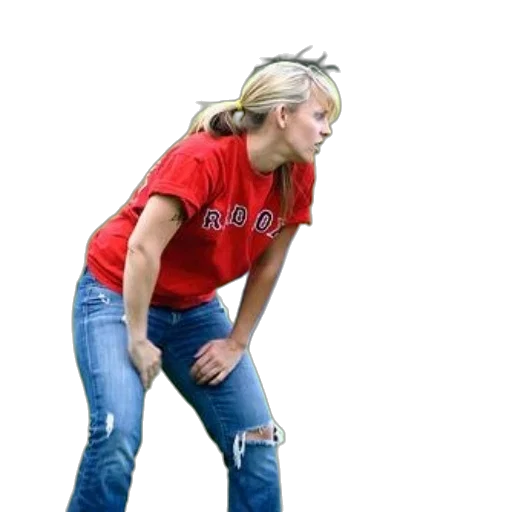 staff, 3d render, photorealistic, woman, red, shirt, jeans, talking transparent PNG cut-out