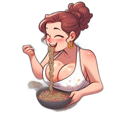 food, pixel art, cartoon, concept art, comic book art, woman, relishes, slurping transparent PNG cut-out