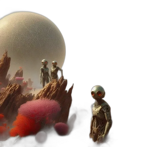 robot, concept art, 3d render, outer space, fog, alien, world, three transparent PNG cut-out