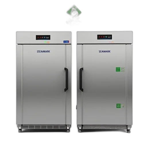 3d render, pair, industrial-sized, refrigerators, steamark, logo, front, have transparent PNG cut-out