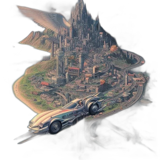 car, concept art, fantasy art, photorealistic, comic book art, fog, city street, expansive transparent PNG cut-out