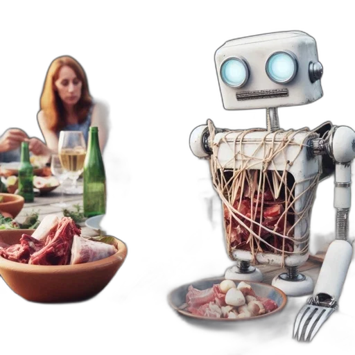 robot, food, concept art, 3d render, photorealistic, pixel art, two, people transparent PNG cut-out