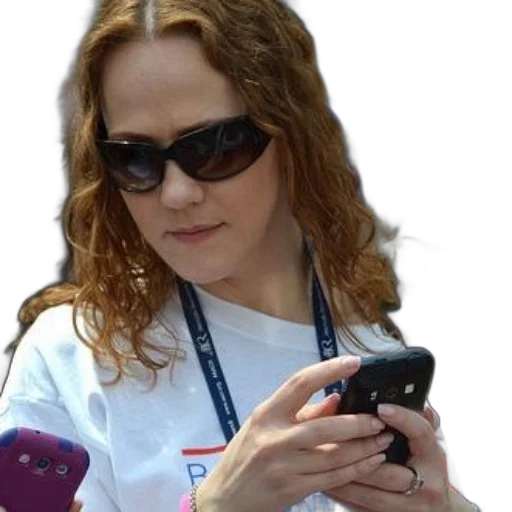 staff, woman, white, t-shirt, sunglasses, holding, two, smartphones transparent PNG cut-out