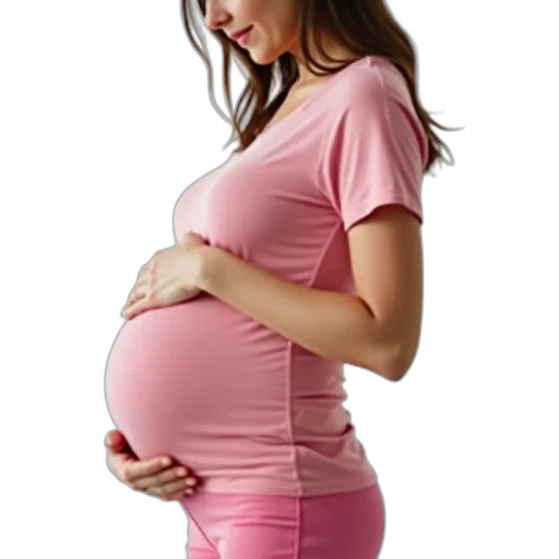 photorealistic, woman, pink, top, pants, holding, her, belly transparent PNG cut-out