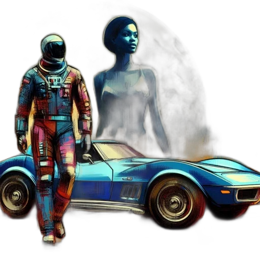 car, robot, concept art, comic book art, pixel art, cyberpunk, outer space, blue transparent PNG cut-out