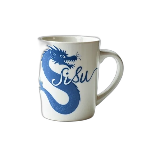 dragon, photorealistic, 3d render, white, ceramic, mug, blue, design transparent PNG cut-out