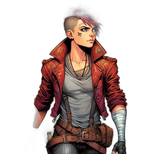 jacket, weapon, concept art, comic book art, cyberpunk, fantasy art, red, earth tones transparent PNG cut-out