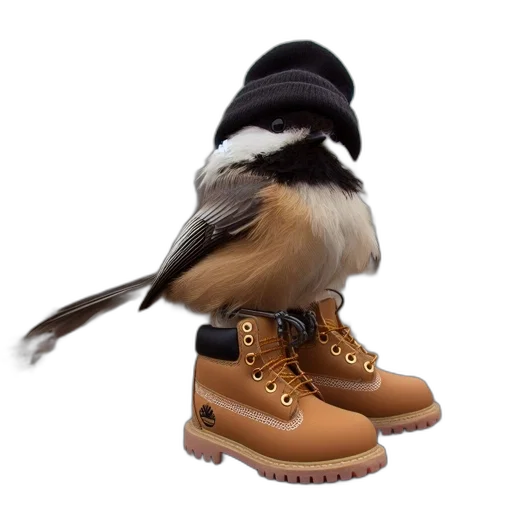 shoes, hat, animal, creature, 3d render, photorealistic, concept art, chickadee transparent PNG cut-out