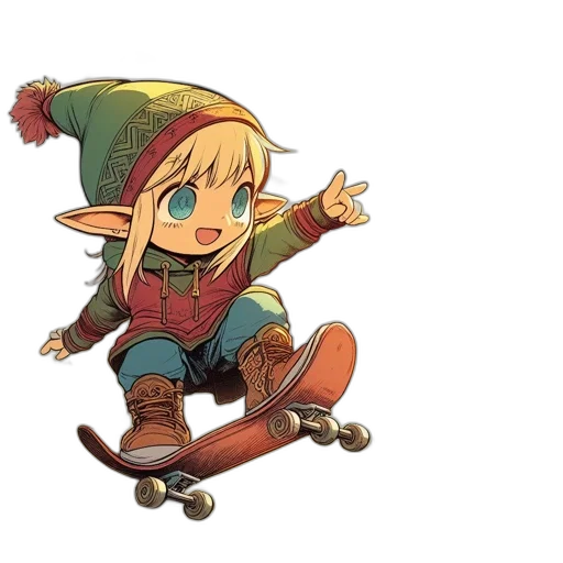 concept art, pixel art, fantasy art, watercolor, elfin, child, rides, skateboard transparent PNG cut-out