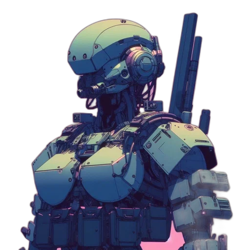 robot, weapon, jacket, face, concept art, cyberpunk, pixel art, vaporwave transparent PNG cut-out