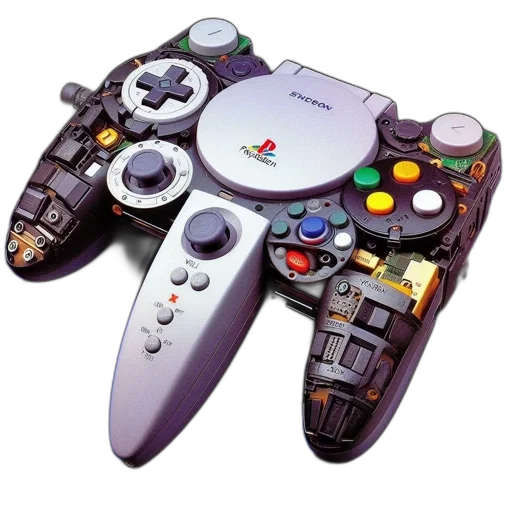weapon, 3d render, concept art, disassembled, playstation, controller, reveals, vibrant transparent PNG cut-out