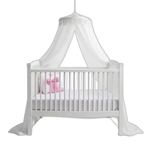 furniture, white, baby, crib, canopy, lace, trim, displayed transparent PNG cut-out