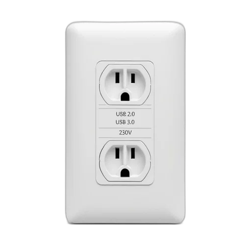 3d render, white, power, outlet, two, usb, ports, standard transparent PNG cut-out