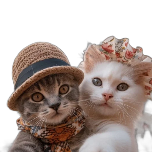 hat, crown, jewelry, animal, photorealistic, two, cats, one transparent PNG cut-out