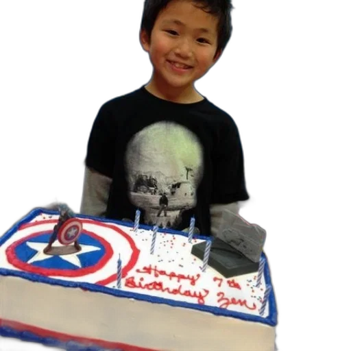 boy, stands, behind, captain, america-themed, birthday, cake transparent PNG cut-out