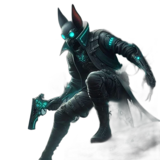 mask, weapon, staff, animal, concept art, cyberpunk, fantasy art, 3d render transparent PNG cut-out