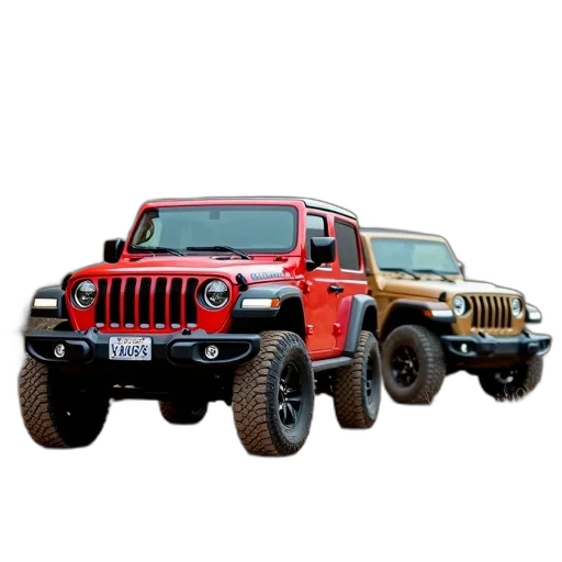 car, 3d render, photorealistic, red, jeep, wrangler, parked, next transparent PNG cut-out