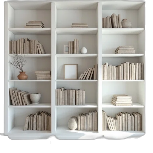 furniture, 3d render, white, book, rack, several, sections, filled transparent PNG cut-out