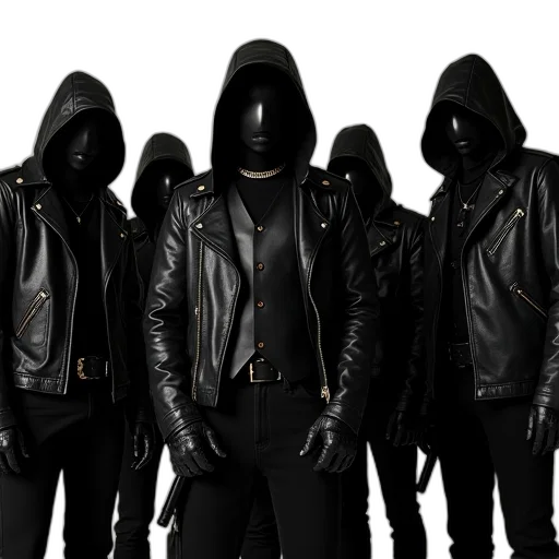 jacket, mask, staff, concept art, 3d render, five, metalheads, wearing transparent PNG cut-out
