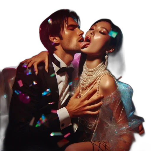 jacket, photorealistic, neon lights, outer space, inside, car, couple, celebrates transparent PNG cut-out