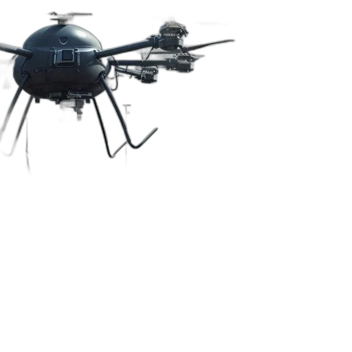 robot, 3d render, concept art, drone, hovers, over, dilapidated, barbed-wired transparent PNG cut-out