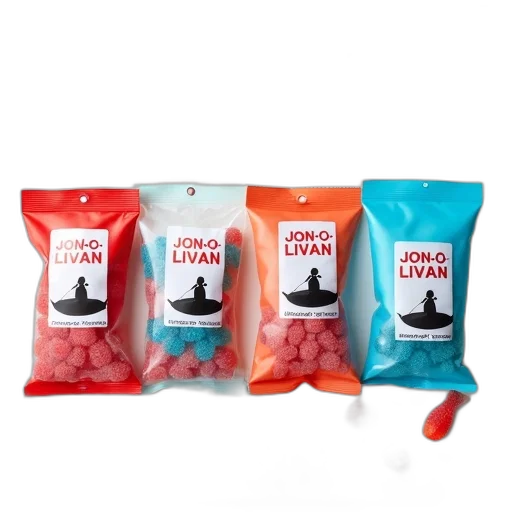 food, set, four, bags, gummy, candies, arranged, white transparent PNG cut-out