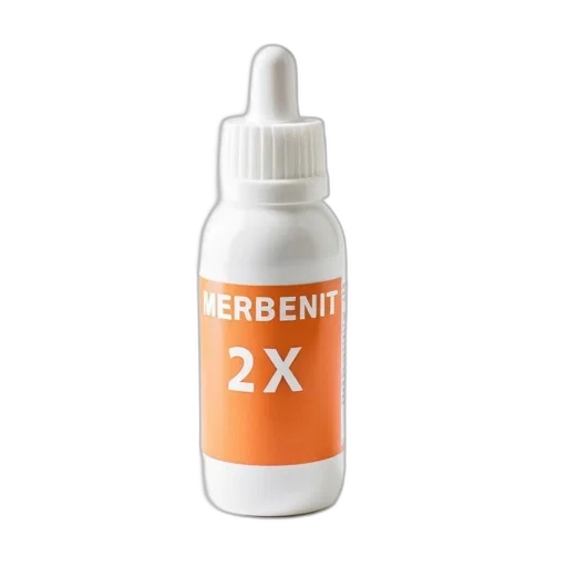 bottle, 3d render, white, orange, label, reads, merbenit, displayed transparent PNG cut-out