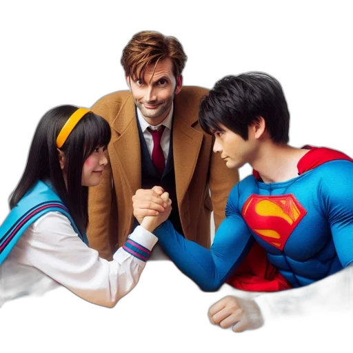 comic book art, concept art, 3d render, anime, three, figures, interact, young transparent PNG cut-out
