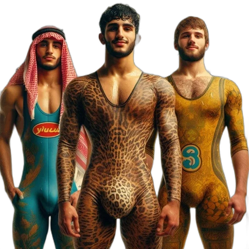 animal, concept art, three, men, diverse, attire, stand, beside transparent PNG cut-out