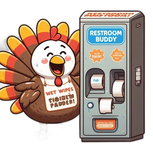 cartoon, turkey, beside, restroom, buddy, vending, machine, wears transparent PNG cut-out
