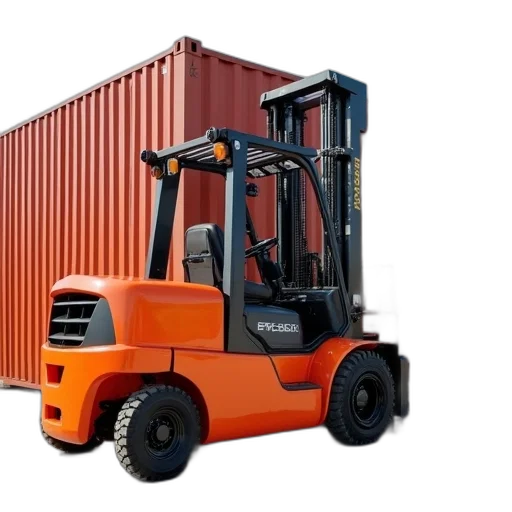 furniture, photorealistic, orange, forklift, parked, front, large, container transparent PNG cut-out