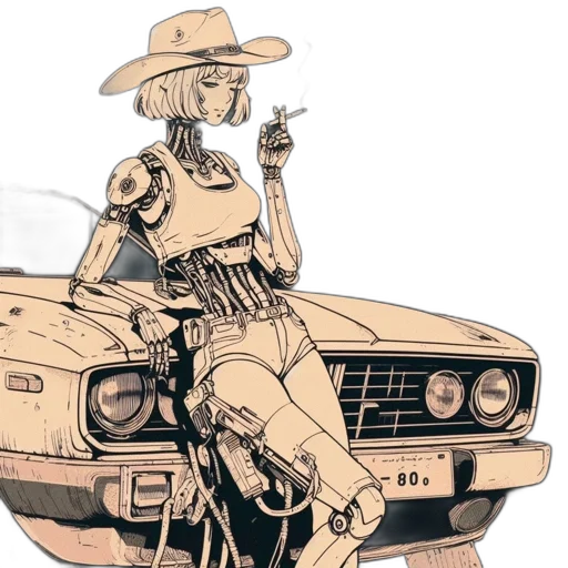 car, hat, jacket, robot, concept art, comic book art, cartoon, fantasy art transparent PNG cut-out