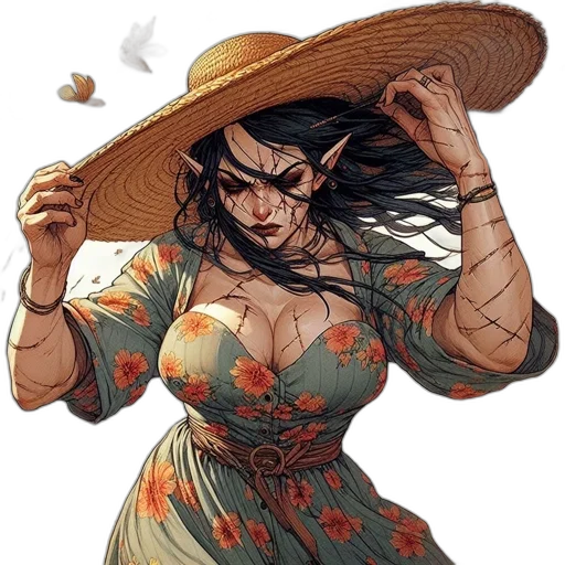dress, hat, staff, mask, comic book art, concept art, fantasy art, photorealistic transparent PNG cut-out