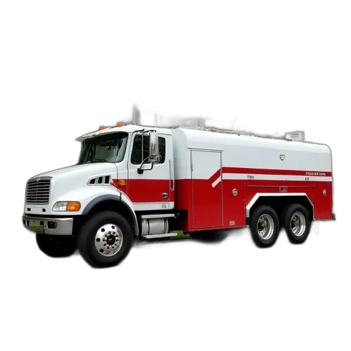 white, red, utility, truck, parked, street, front, house transparent PNG cut-out